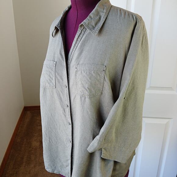 Cathy Woman Khaki Green Blouse 3X button front roll tab sleeves repaired linen - Picture 1 of 14
